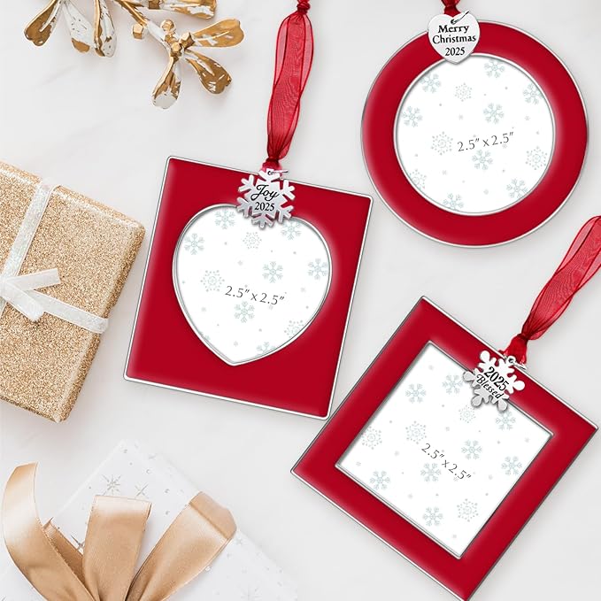 GUOER 3PCS Christmas Tree Ornaments Set Picture Frame Ornament Holiday Keepsake Gift Home Decor Christmas Decorations Xmas Gifts Pendant with 2.5” Photo Frame Insert (Red 2025)