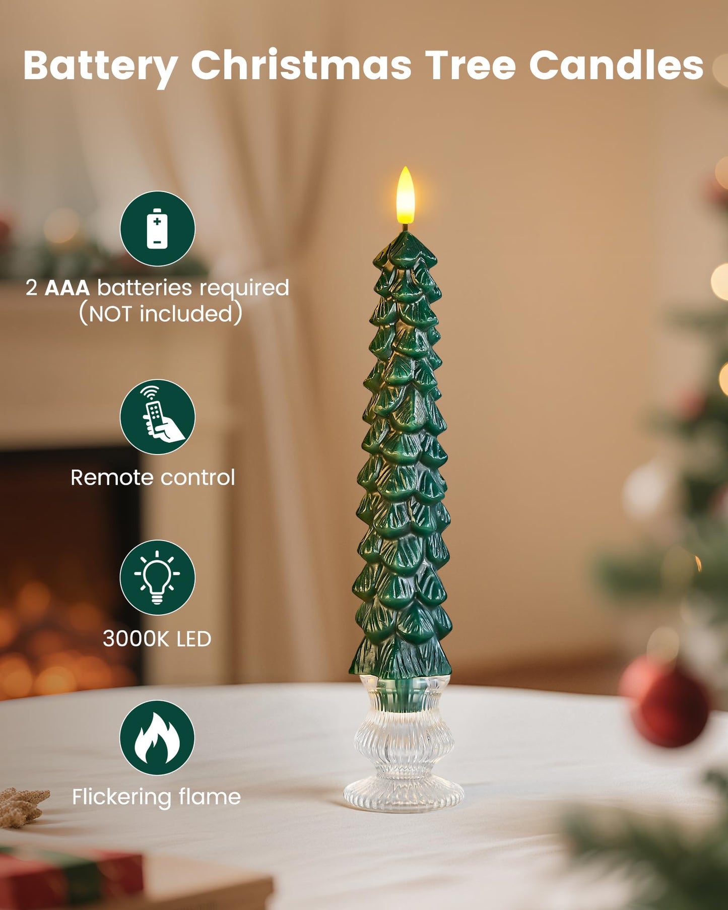 SURAIELEC Battery Operated Christmas Tree Candles, Remote Flameless Tree Taper Candles, Real Wax Finish, Flickering LED Candle, 9.5'' Christmas Candlesticks for Window, Mantel, Dining Table, 4-Pack