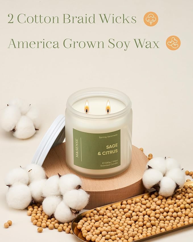 M&SENSE Sage Citrus Scented Candle - 11.6oz Natural Soy Non Toxic 70 Hour Burn Time 2 Wick Aromatherapy Candle for Home Decor, Summer Fragrance for Stress Relief & Relaxation