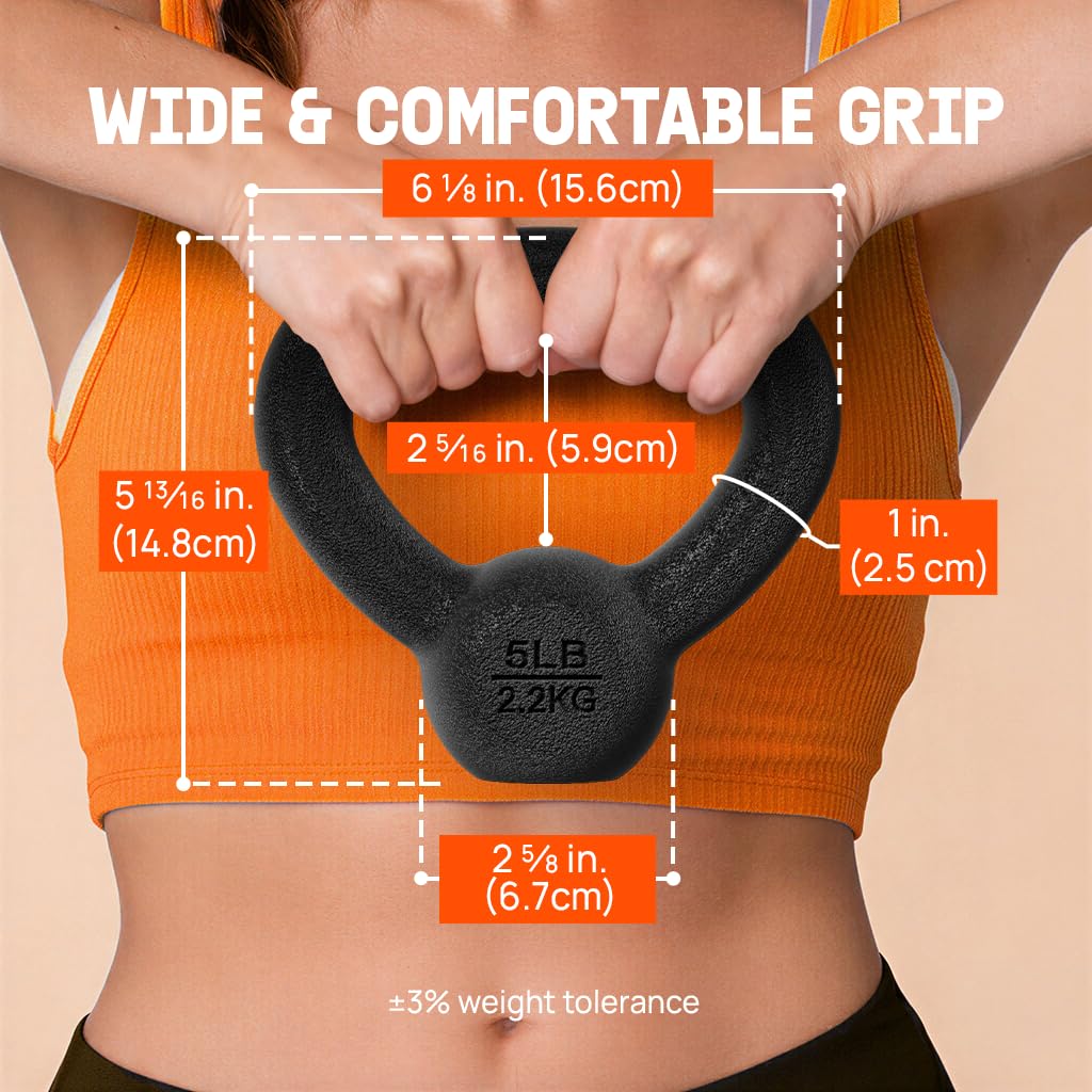 Yes4All Cast Iron Kettlebell, 5-80 Lb Built to Last One-Piece Design, Comfortable 1–2 Hand Grip for Swings, Squats, Deadlifts & Snatches, Stable Flat Base, Single & Pair - 5LB, Single