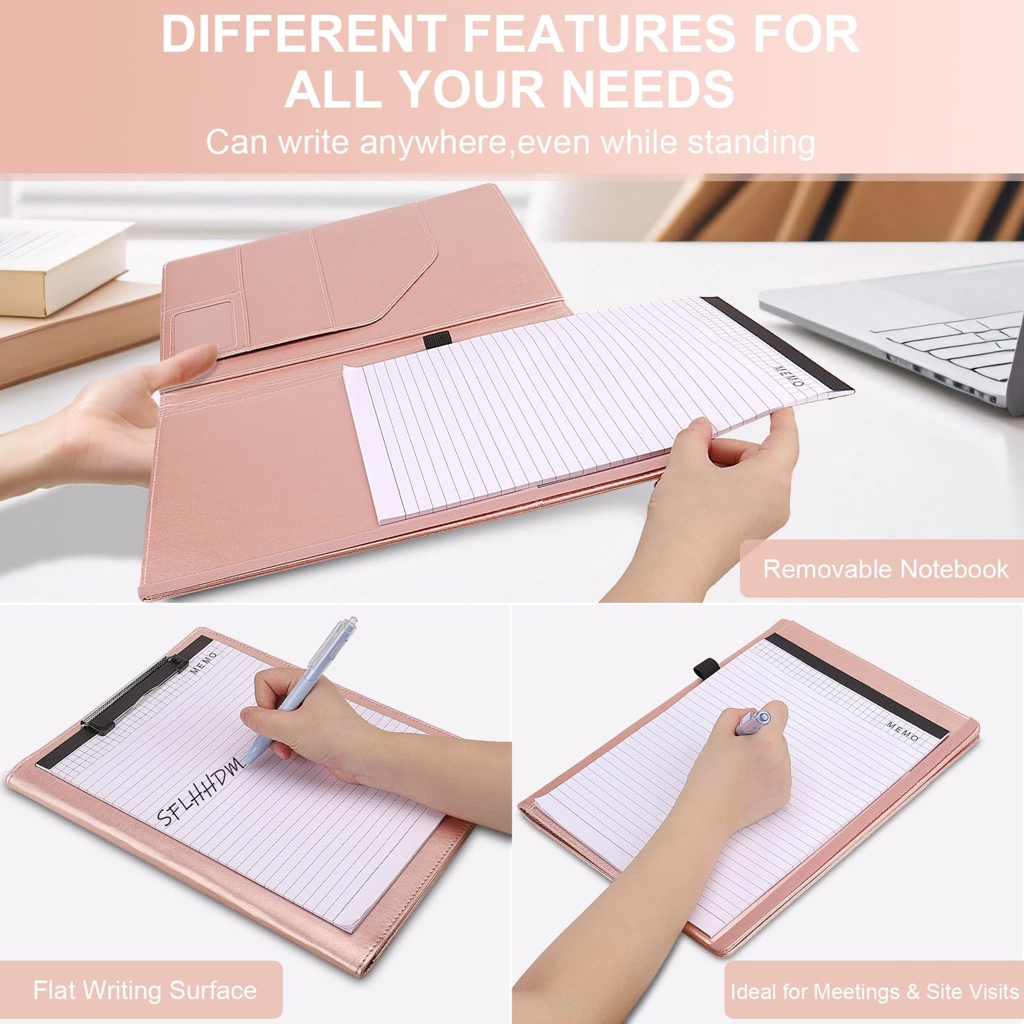 Clipboard Padfolio with Storage Pocket, Clipboard Folder Portfolio Organizer, 360 Degree Foldable Clipboards with Refillable Notepad,Faux Leather Padfolio Organizer for Office School Supplies-Pink