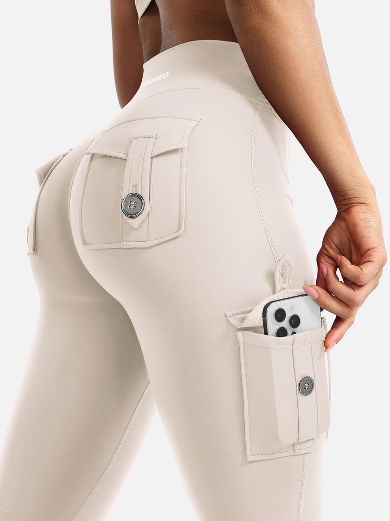YEOREO CoreFlex Women Workout Flare Leggings with Pockets Hidden Scrunch High Waisted Cargo Gym Yoga Leggings Light Khaki XXL