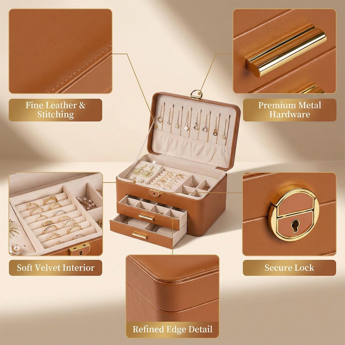 Vandozis Jewelry Box for Women, Large Dresser Top Organizer with 3 Layers & 2 Drawers, PU Leather Storage Case for Earrings, Necklaces, Rings, Giftable Vanity Box (brown)
