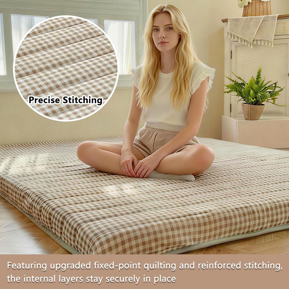 NSNLGSGC Tan Gingham Japanese Floor Mattress, 3.5" Thick High Density Foam Futon Mattress, Foldable Tatami Sleeping Pad, Roll Up Floor Bed for Dorm Guest Room, Twin Size 39" x 80"