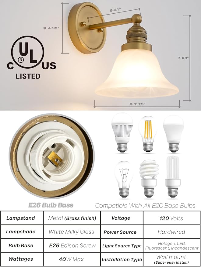 Gold Wall Sconces, Vintage Bathroom Vanity Lights with Frosted Milk Glass Brass Sconces Wall Lighting Indoor Wall Lamps for Living Room Bedroom Kitchen Sink Hallway Stairway E26