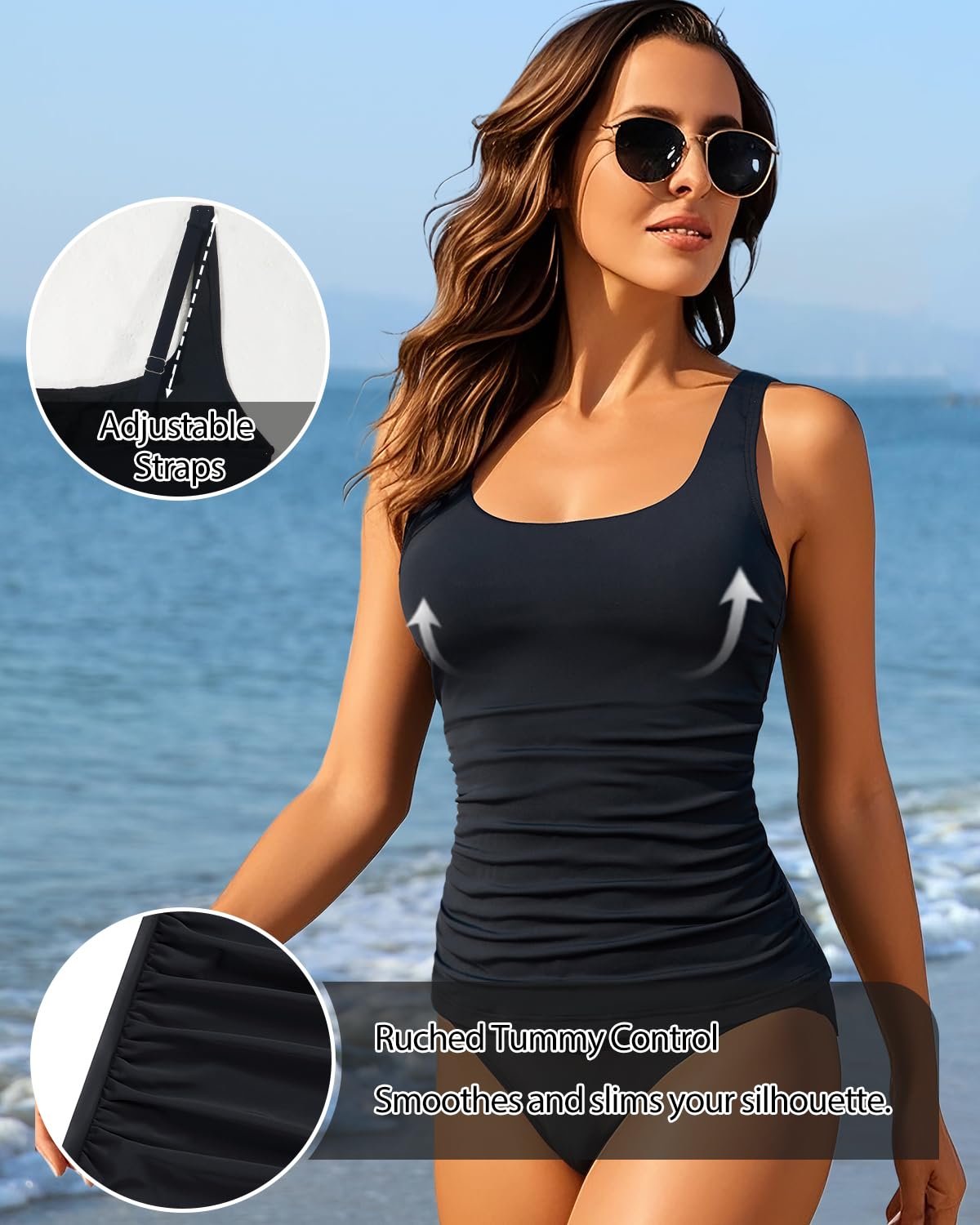 Aqua Eve Tankini Tops for Women Swimwear Top Only Tummy Control Bathing Suit Top No Bottom (Available in Plus) Black Flower L