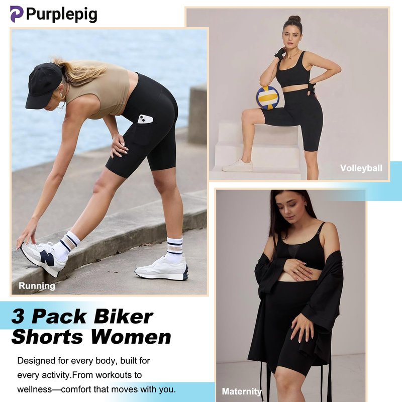 Purplepig 3 Pack Women's Black Biker Shorts with Pockets, 8" High Waisted Tummy Control Buttery Soft Workout Shorts for Yoga Running Gym Volleyball