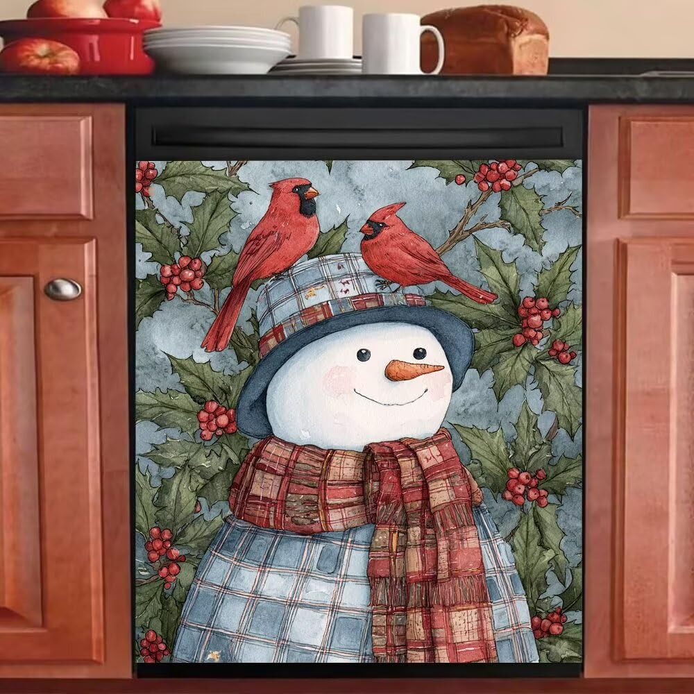 Snowman Dishwasher Magnet Cover - Holiday Kitchen Christmas Decorative, Cardinal Birds Magnetic Dishwasher Cover, Xmas Wreath Decal Dishwasher Magnetic Sticker, 23"x26"