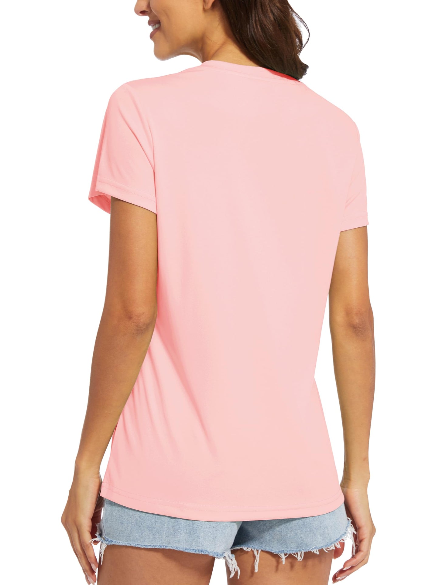MAGCOMSEN Womens Short Sleeve Tops V Neck Workout Running Shirts Quick Dry Sun Protection UV Shirt Cooling Light Pink XL
