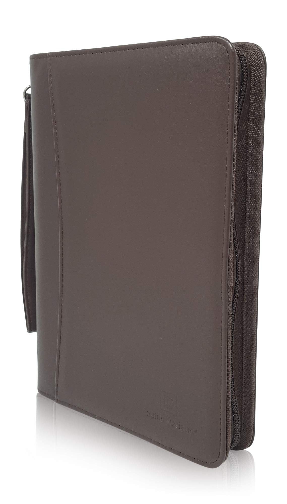 Zippered Portfolio Binder with Junior Legal 5x8 Notepad - Dark Brown PU Faux Leather Business Padfolio Organizer Folder with 8 Inch Tablet Sleeve & Gift Box by Lautus Designs