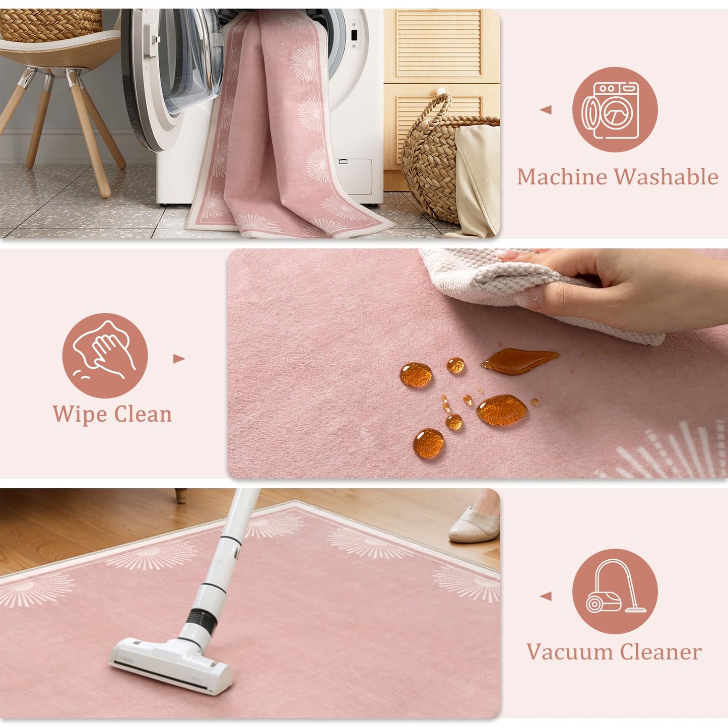 Hedlive Modern 5x7 Pink Area Rugs for Bedroom Girls, Ultra Thin Washable Nursery Rug for Kids Room, Soft Sun Print Toddler Room Rug,Boho Non Shedding Baby Carpets for Classroom Dorm Girls Decor