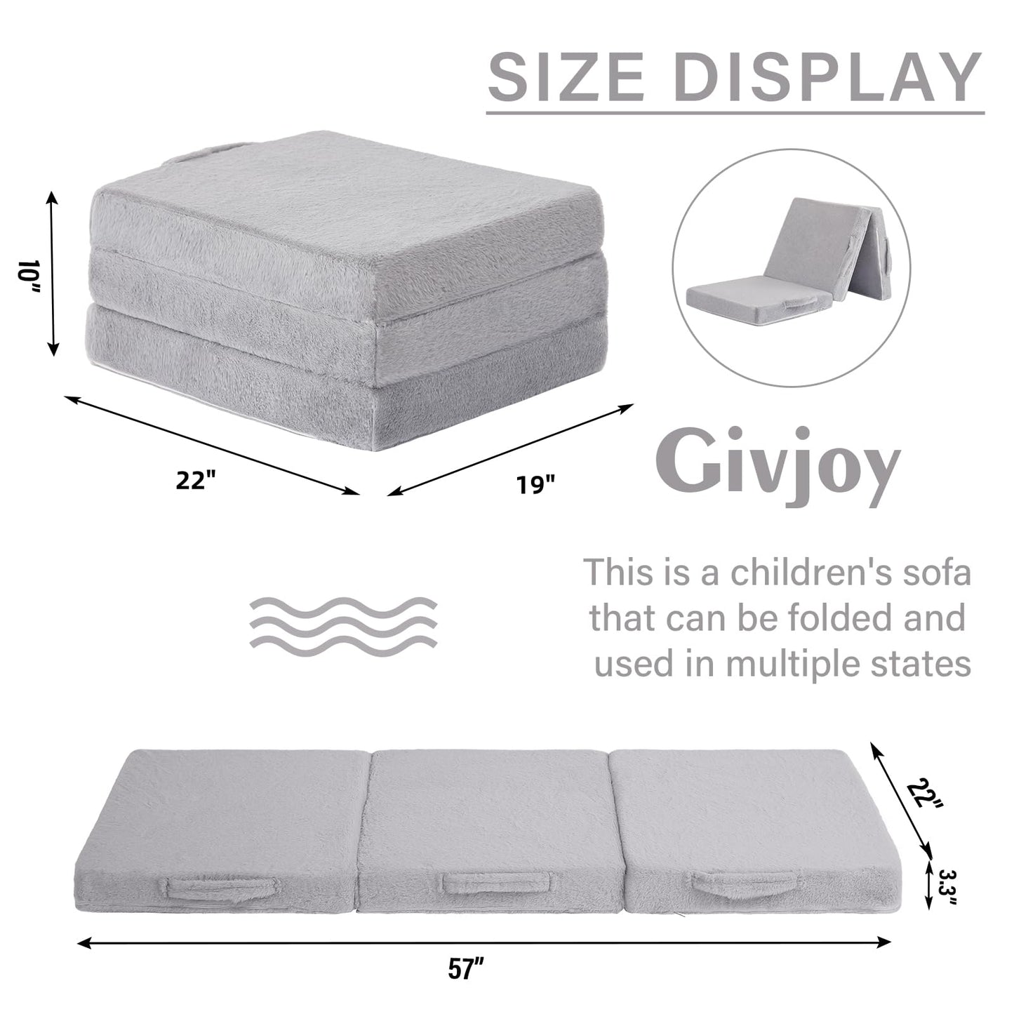 Givjoy Foldable Floor Mattress for Kids, Toddler Washable Tri Folding Floor Nap Mat for Sleeping Daycare, Child Trifold Futon Sofa Bed with Storage Bag for Playroom, Bedroom, Girls and Boys