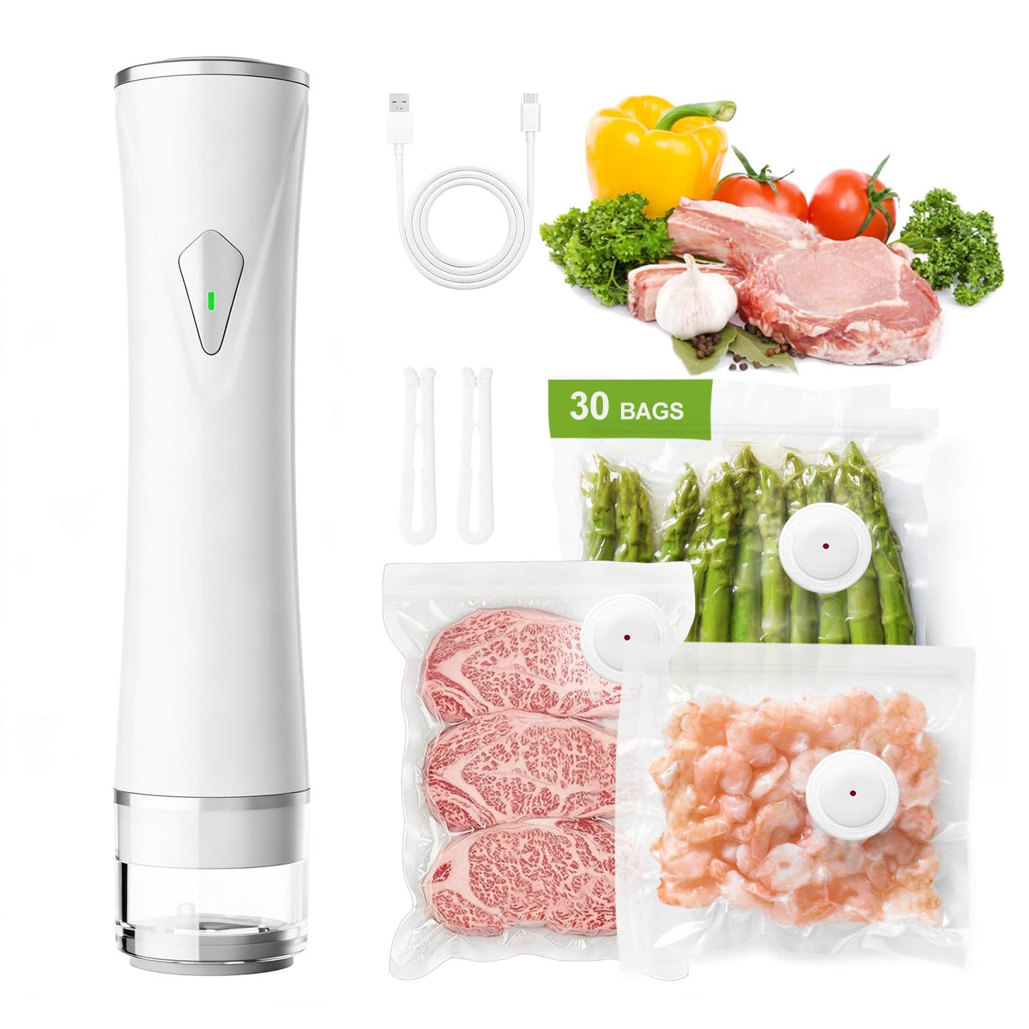 Compact Vacuum Sealer Machine for Food Storage, 5S Fast Seal Powerful Food Vacuum Sealer with 30PCS Reusable Vacuum Bags, Automatic Handheld Food Saver for Storage, 10X Fresh, Sous Vide, Gift etc.