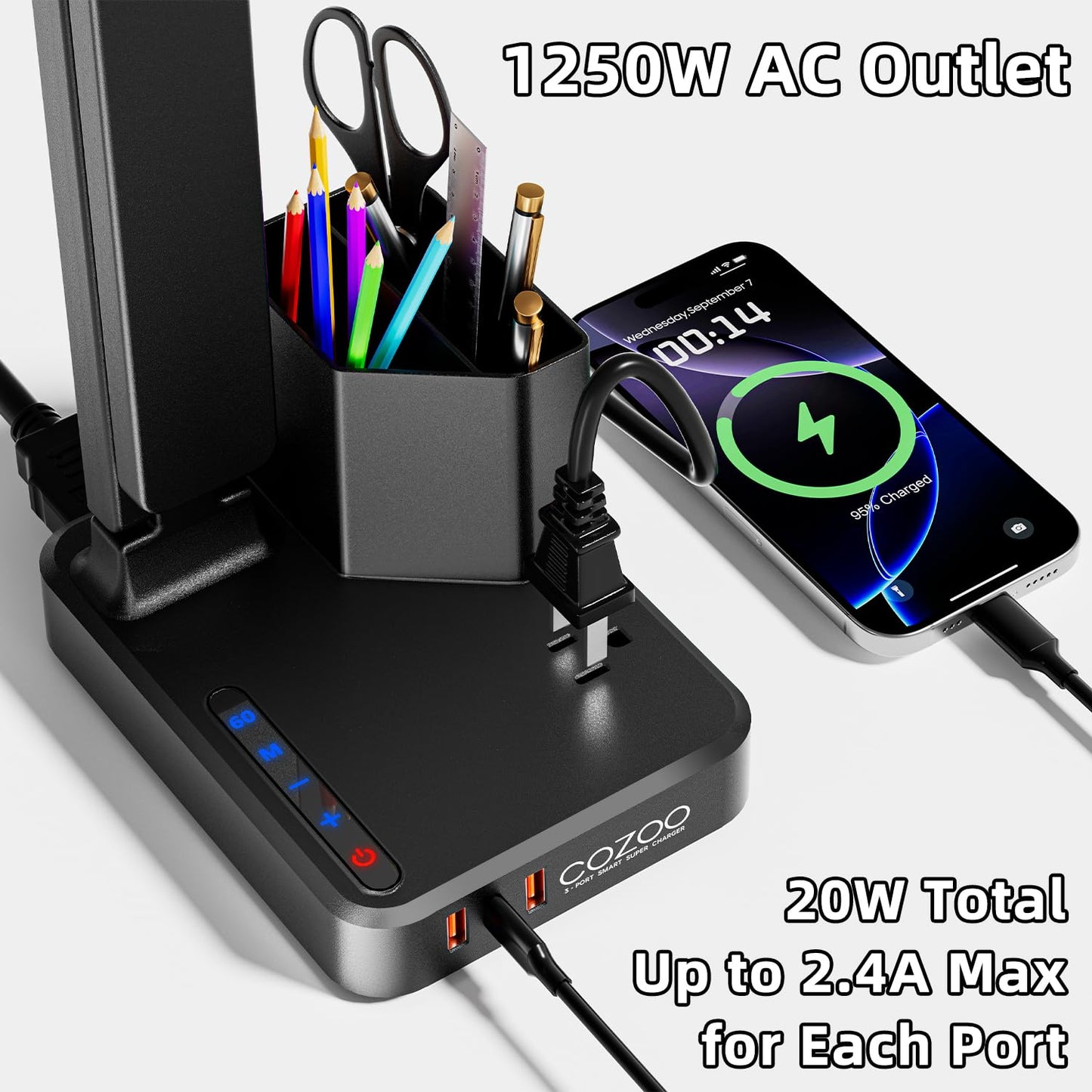 LED Desk Lamp with 3 USB Charging Ports 1 AC Outlet Small Table Lamp for Home Office/Bedroom/Study/College/Dorm Room Essentials, Foldable Reading Light w/Pen Holders for Craft/Artist/Puzzle/Nail/Task