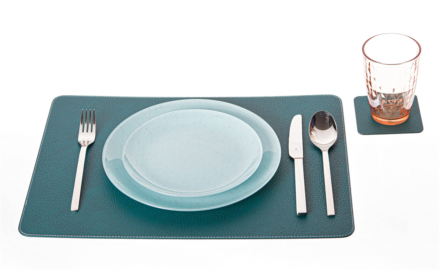 Nikalaz Set of 4 Placemats and 4 Coasters Made of Recycled Leather (18''x13'', Petroleum Green)