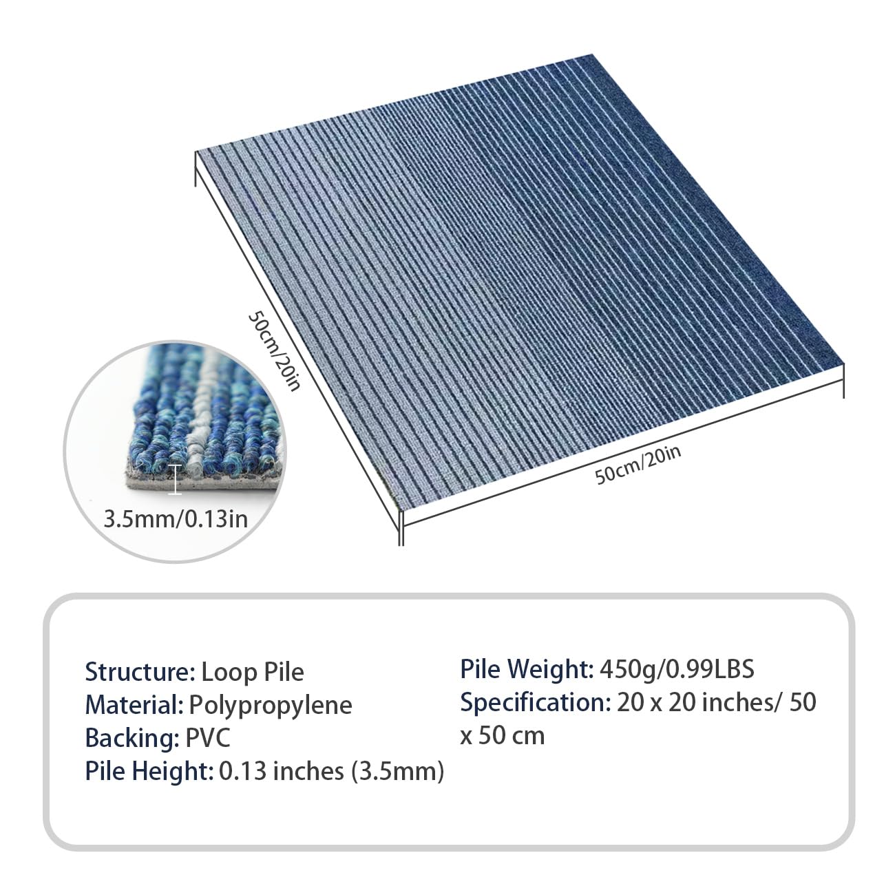 16 Tiles Carpet Squares 20" x 20" PVC Carpet Tile, 0.13" Pile Height (43 sqft/Carton) Blue for Home Office, Living Room, Bedroom