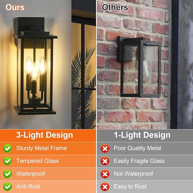2-Pack 15" Outdoor Wall Lantern Candelabra 3-Light, Waterproof Exterior Wall Light Fixture with Clear Glass Front Porch Light Outdoor Wall Sconce, E12 Base Exterior Sconces for Garage