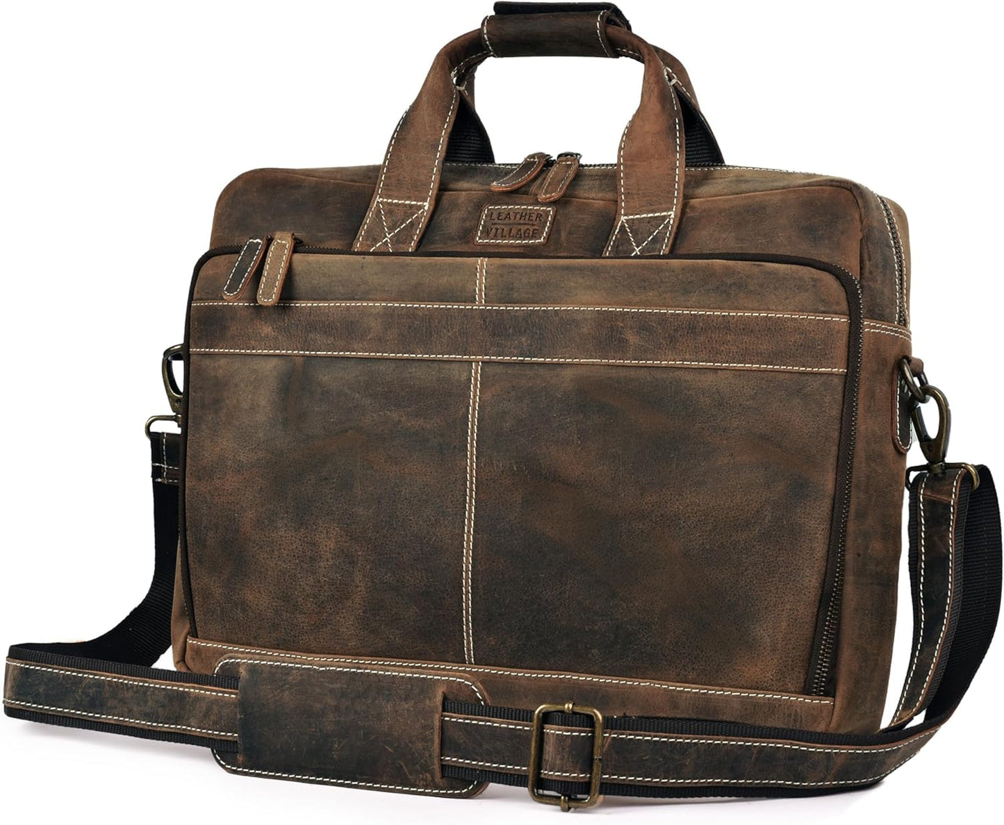 LEATHER VILLAGE 18" Leather Laptop Messenger Briefcase Bag for Men-Leather Satchel for Travel and Office Shoulder Bag-Rustic Brown