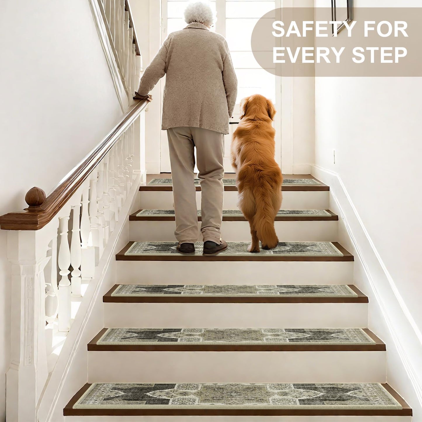 Non Slip Stair Treads for Wooden Steps Indoor, Begie, 15pcs, 30"X8", Soft Carpet Mat, Machine Washable Boho Carpet Treads with Reusable Adhesive Backing, Safety Stair Tread for Dog, Kid, Elder