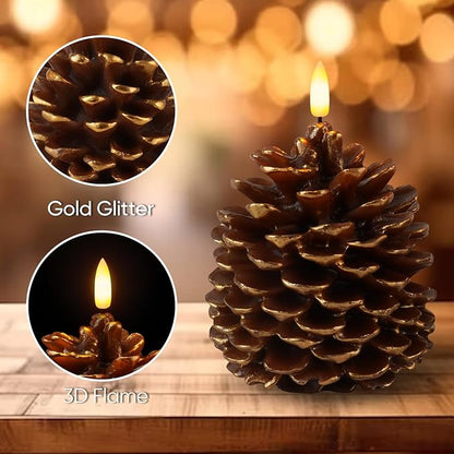 Homemory 2 Pcs LED Pine Cone Candles, Flameless Candles with 6H Timer, Battery Operated Flickering Candle, Real Wax Pinecone Candles for Christmas Indoor Decoration, Brown(D4.3 x H6 Inch)