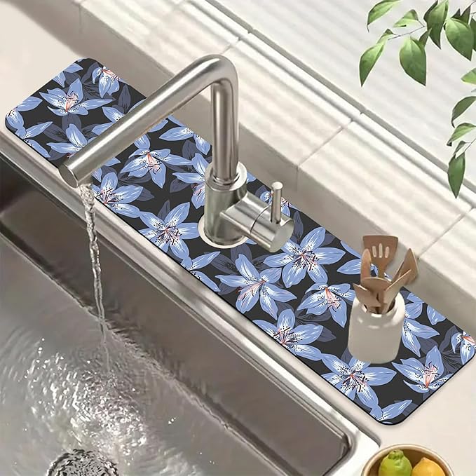 Blooming Lily Sink Splash Guard Faucet Mat Blue Lily Flowers Super Absorbent