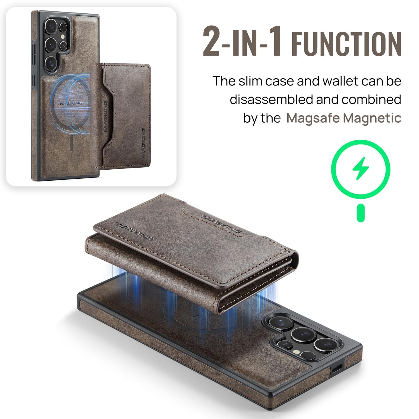 SZHAIYU K2 2 in 1 Detachable Magnetic Phone Cases Compatible with Samsun Galaxy S24 Ultra Case with Card Holder RFID Blocking, Compatible with Magsafe Wallet, Leather 6.8'' (S24 Ultra,Coffee)