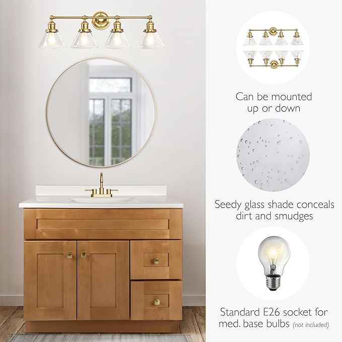 Design House Augustin Vanity Light, 4-Light, Seeded Glass Warm Glow, Dimmable, Up/Down Glow, Easy Installation, E26 Socket, Satin Gold, 34.9 in L x 8.3 in D x 11.1 in H, 589044-SG