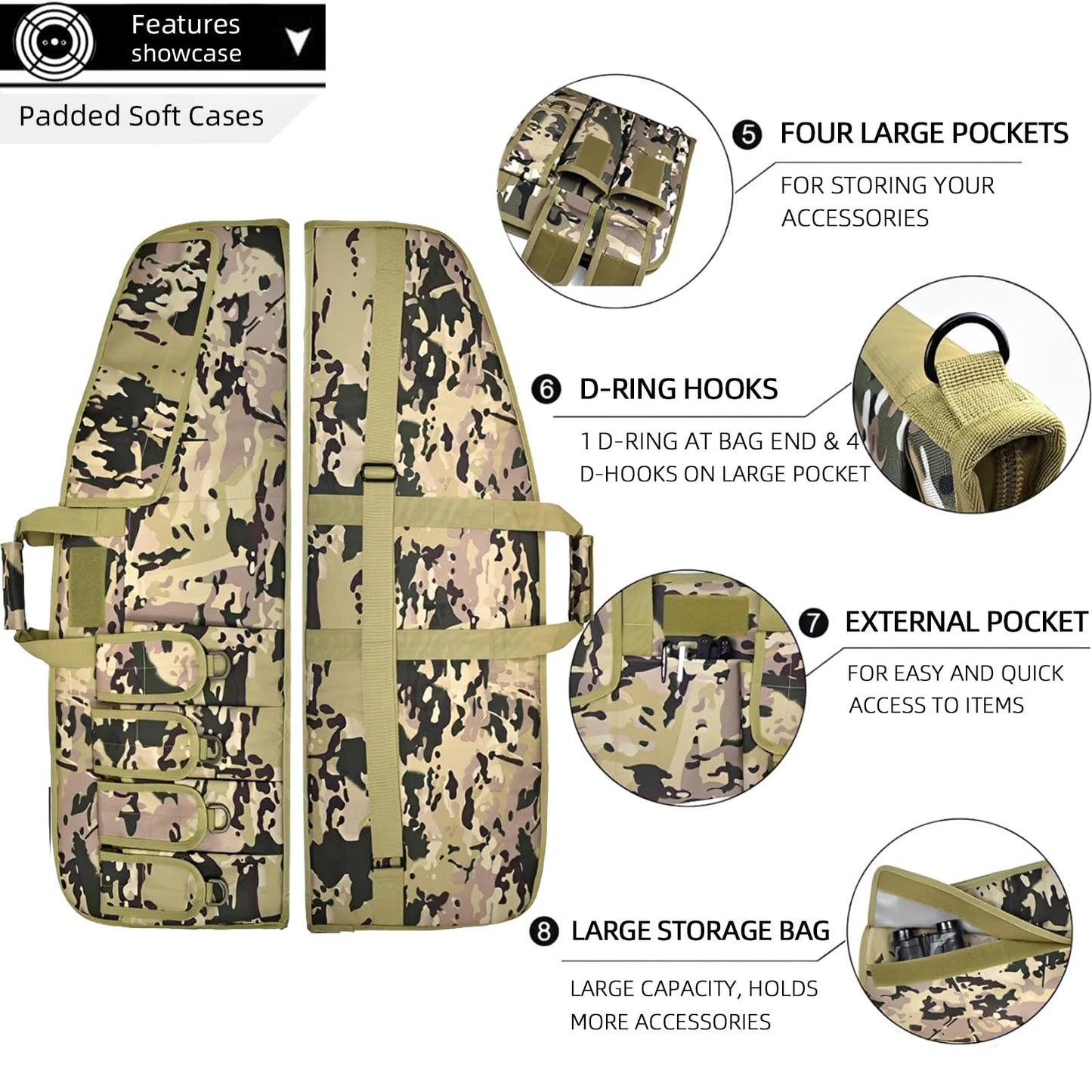 StorForge Tactical Rifle Case Single Scoped,Soft Shooting Range Bag with Fastening Straps Inside,Dual Lockable Zippers,6 Pouches,2 carrying methods,36" 42" (Camo, 36IN)