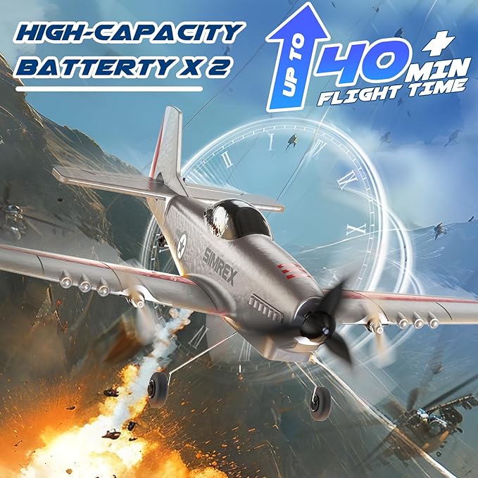 SIMREX RC Plane for Kids - 2.4GHz 3-Channel Remote Control Airplane Toy with 6-Axis Gyro 2 Speeds 2 Batteries P51 RC Airplane Foam Glider - Gift for Boys &amp Girls