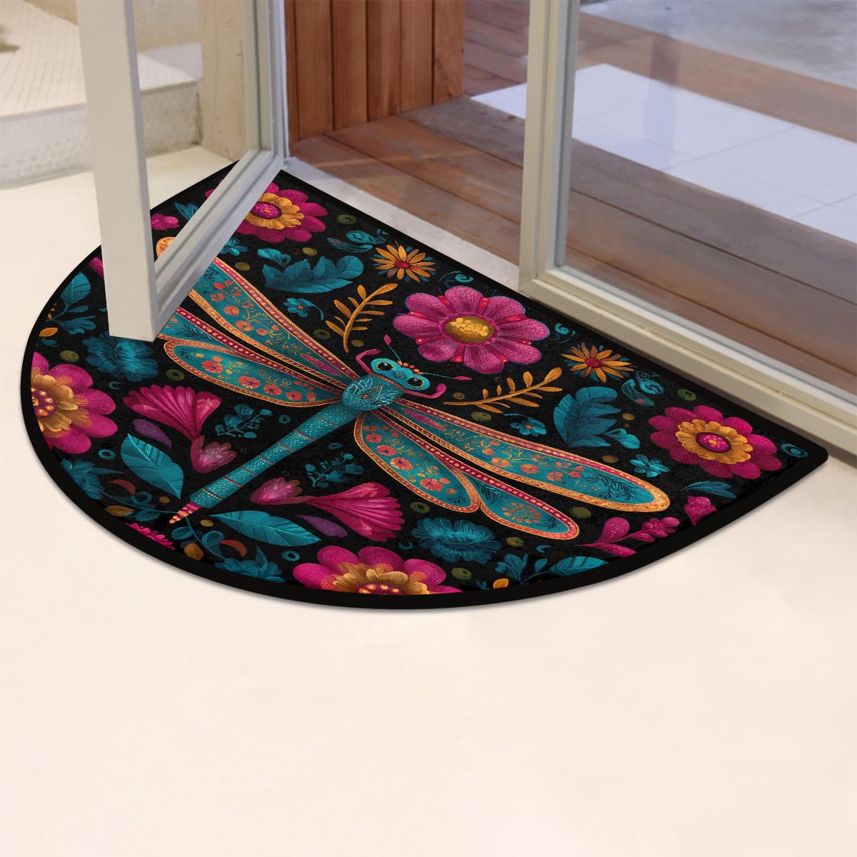 Peaom Folk Art Boho Dragonfly Flower Half Round Door Mat Indoor Entrance Low Pile Non Slip Absorbent Semi Circle Welcome Mats Doormats 36x24 in Floor Mats for Home Kitchen
