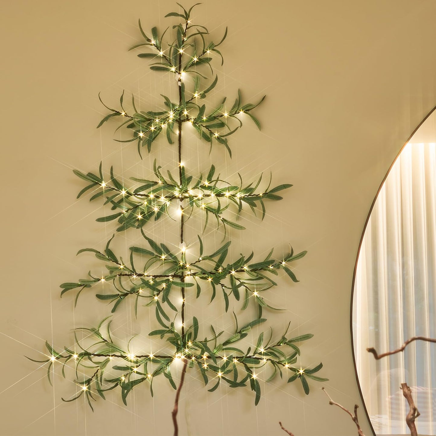Fudios Olive Wall Christmas Tree with Lights 140 LED 3.5FT Prelit Hanging Greenery Branch Garland with Timer for Home Window Christmas Holiday Decoration