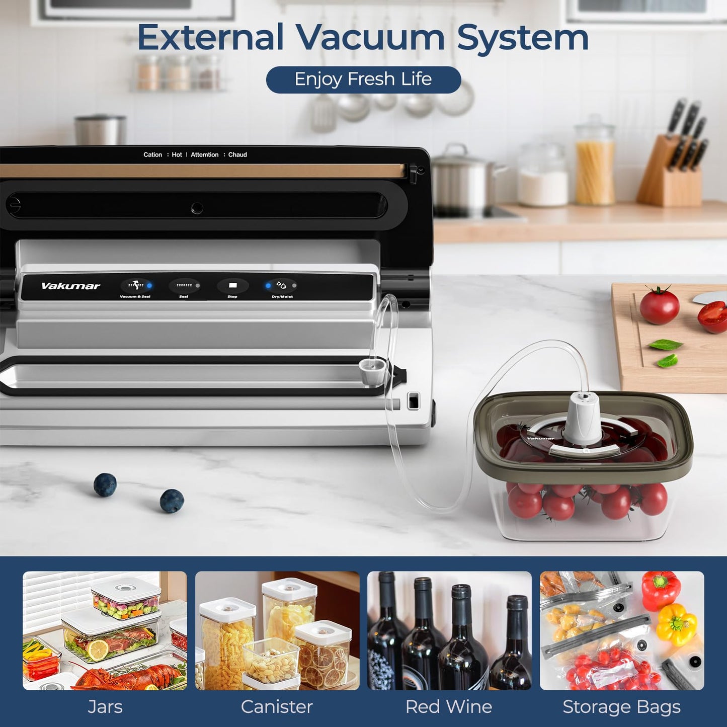 Upgraded Vacuum Sealer Machine for Food, 8 in 1 Food Sealer Vacuum Sealer with Powerful Suction, Dry & Moist Modes, Sous Vide Compatible, Included Car Charger(In-vehicle use)