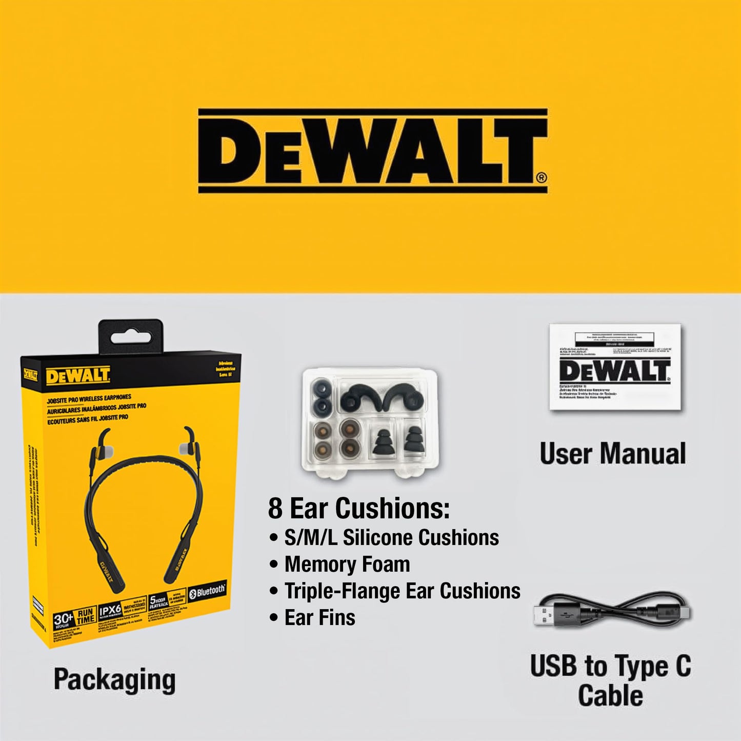 DEWALT Heavy Duty Magnetic Bluetooth Neckband Headphones, Wireless Around the Neck Earbuds w/30H Runtime+Noise Isolation, HandsFree Magnetic Wireless Earphones w/Mic Bluetooth Headsets - Black Edition