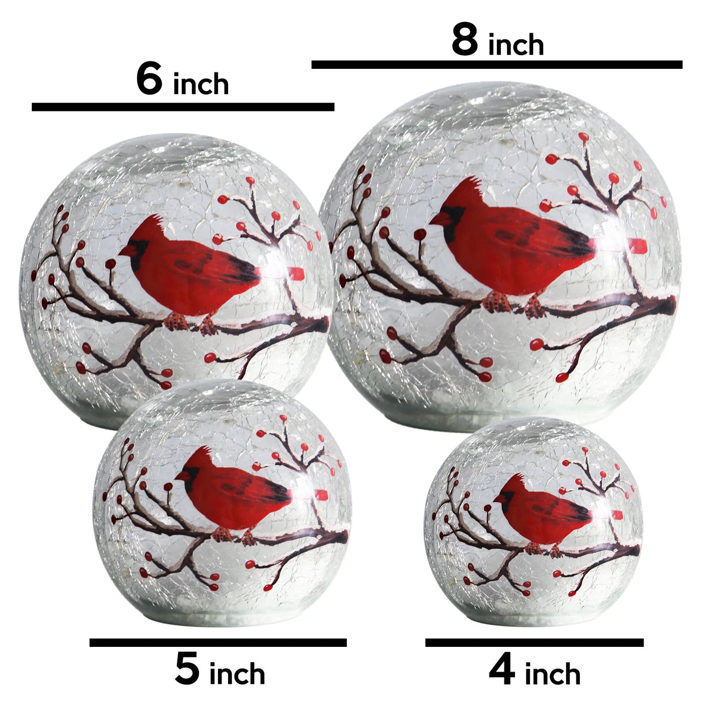 Kaowod Crackle Glass Ball Cardinal Lamp with Timer, Light Up Red Cardinal Stained Glass Christmas Decor Accent Lamp, Lighted Red Bird Globe Table Light, Orb Night Light, Led Sphere Desk Lamp