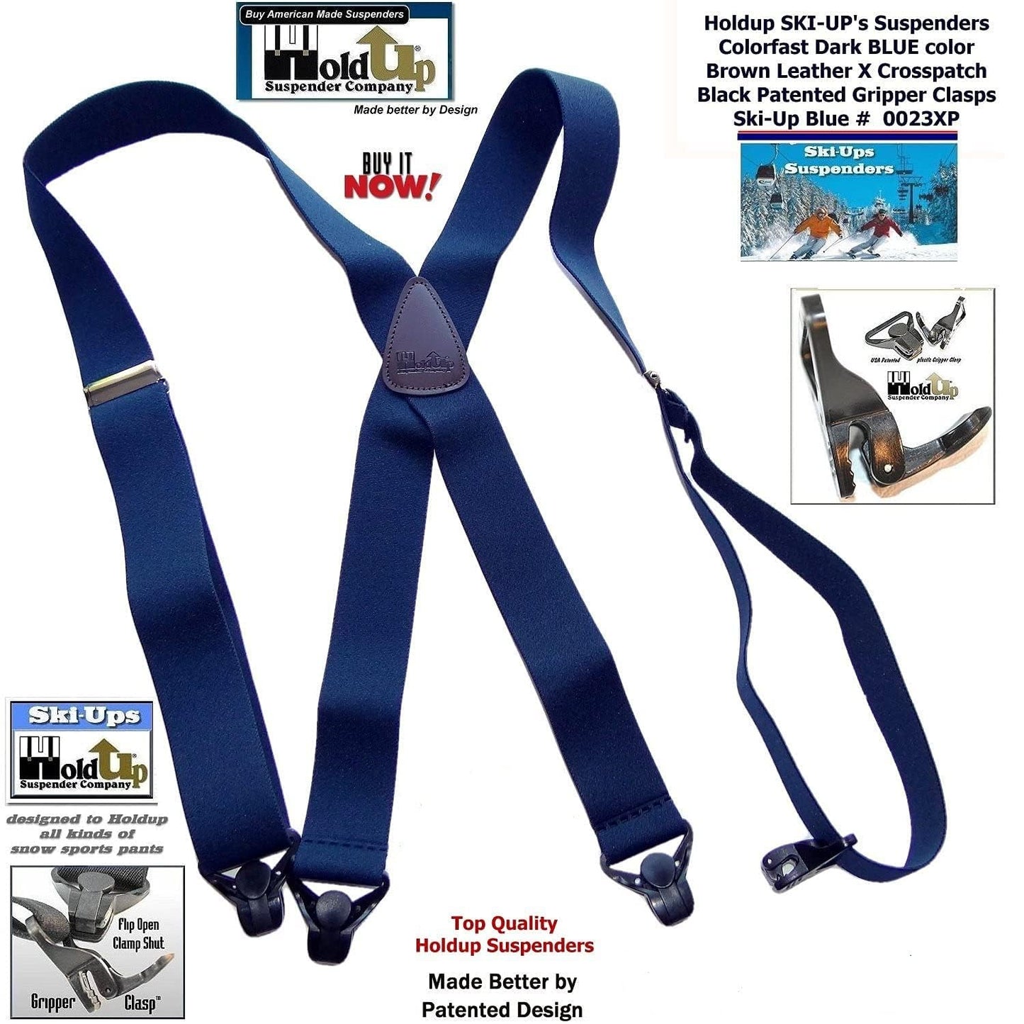 Holdup Ski-Ups Blue 1 1/2" Suspenders for Men with USA Patented Black Composite Plastic Gripper Clasps