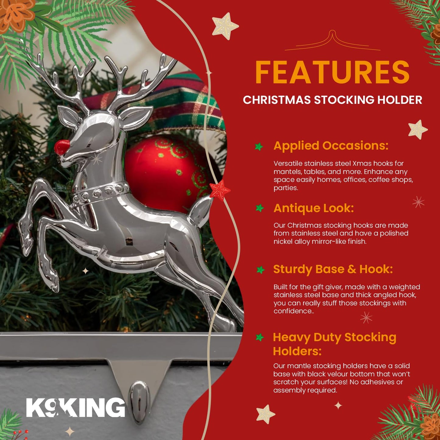 K9King Christmas Stocking Holder Set of 4 - Santa’s Sleigh Rudolph The Red Nose Reindeer Christmas Decorations Decorative Metal Hanger for Stockings Holiday Mantle Decor