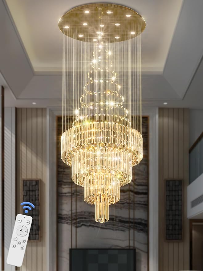 Flashing God D32''XH79'' Modern Foyer Chandelier for High Ceiling Raindrop Crystal Chandelier High Ceiling Pendant Light Fixture for Hallway Living Room Gold Stairwell Chandeliers