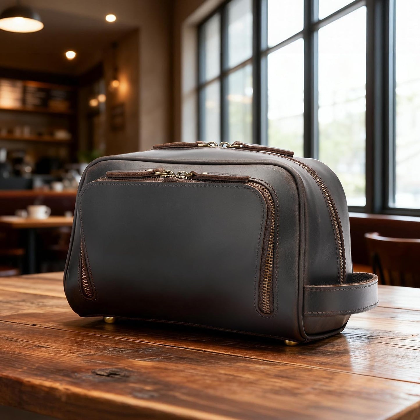 Polare Vintage Full Grain Leather Handmade Travel Toiletry Bag for Men - Dopp Kit - Shaving Kit with YKK Metal Zippers A-Dark Brown