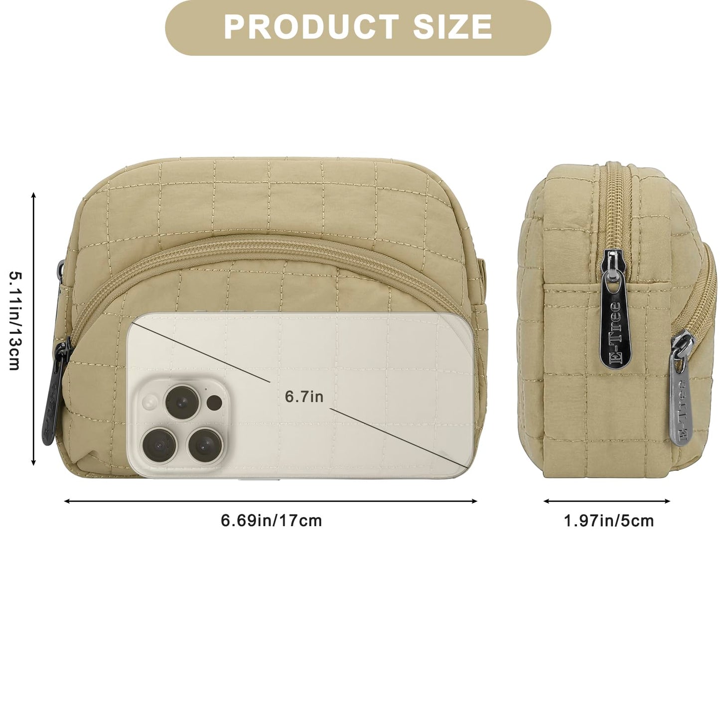 E-Tree Makeup Bag, Quilted Cosmetic Bag for Women, Puffer Make up Pouch for Purse,Travel Toiletry Organizer Case (Khaki)