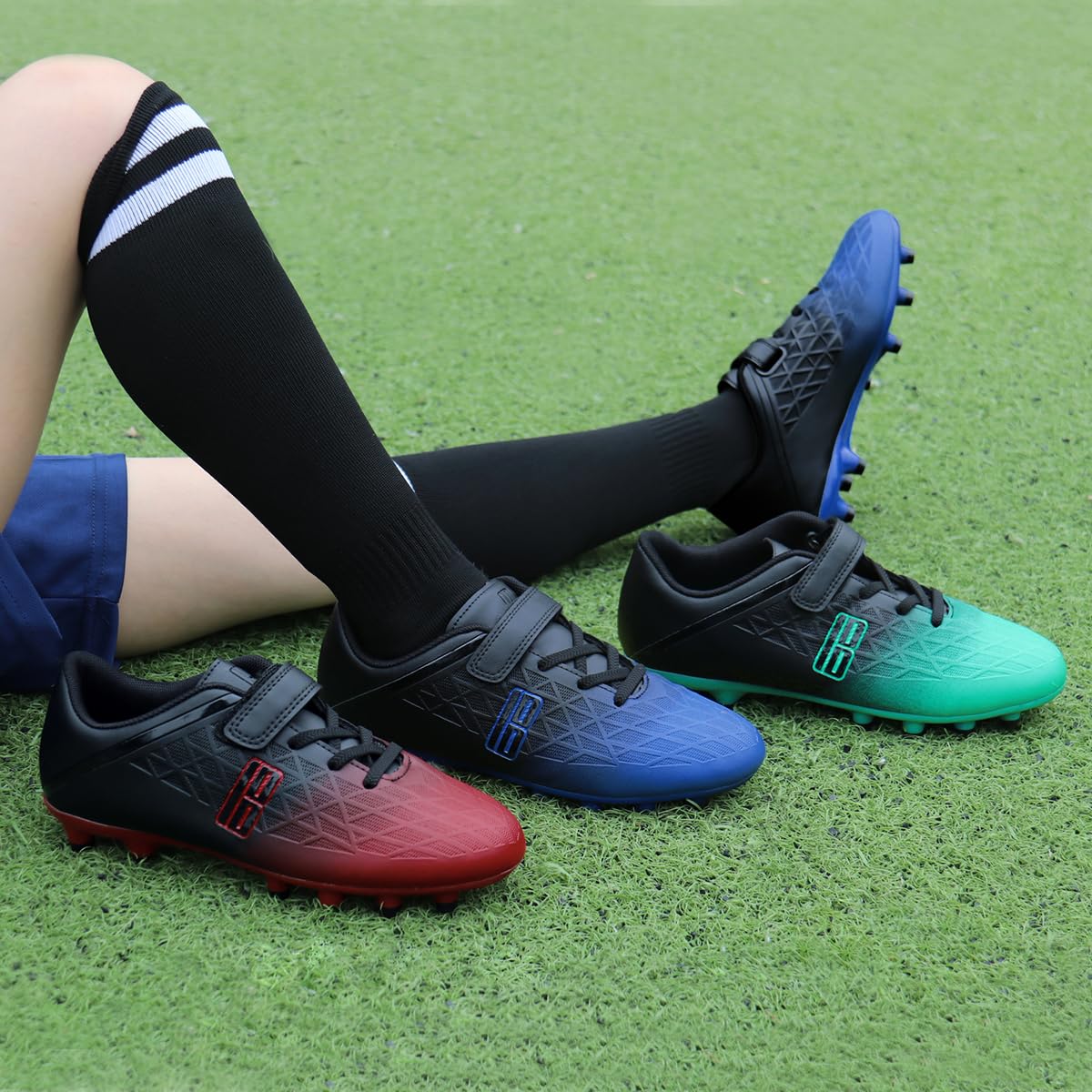 brooman Kids Firm Ground Soccer Cleats Boys Girls Athletic Outdoor Football Shoes (2,Black Green)