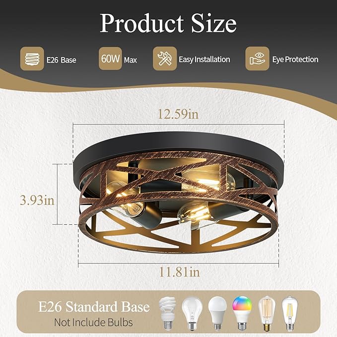 Flush Mount Ceiling Light Fixture,Vintage Metal Black Hallway Light Fixtures Ceiling,Light Fixtures Ceiling Mount for Farmhouse,Kitchen,Hall,Brown(1 Pack (Retro Metal Black, 13.11 inch)
