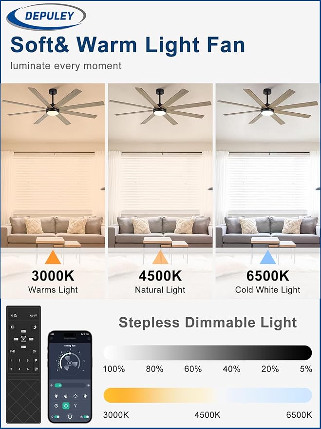 Depuley 66" Ceiling Fans with Lights: Large Indoor/Outdoor Ceiling Fan for Patios Living Room - 8 Blades Wooden Dimmable Ceiling Fans with Remote APP Control Timer Reversible Quiet DC Motor 6 Speeds