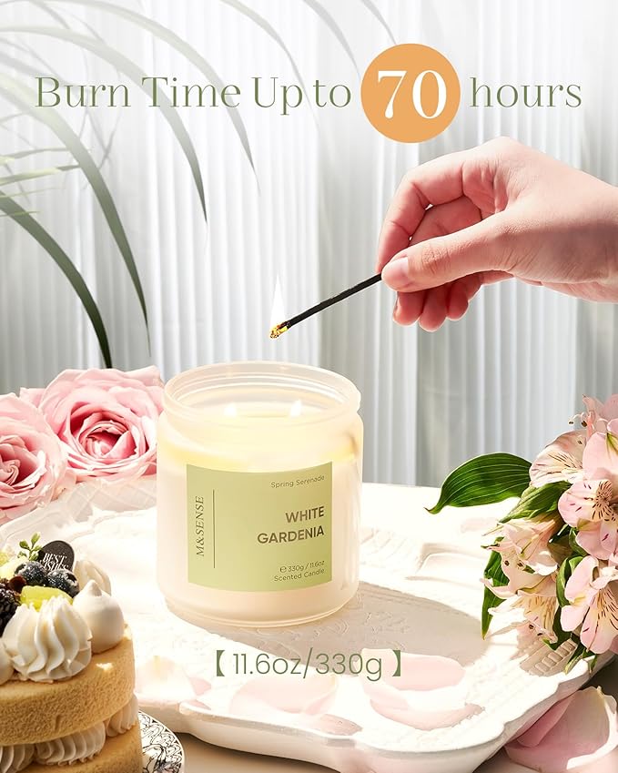 M&SENSE White Gardenia Scented Candle - 11.6oz Natural Soy Wax 70-Hour Long Lasting Burn Time Non Toxic, 2-Wick Spring Flower Candle for Home Decor Slow-Burning Aromatherapy Gifts