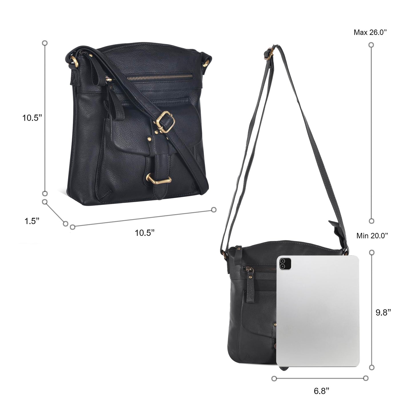 Oak Leathers Leather Crossbody Bag For Women With Adjustable Sling Strap - Medium Size Crossover Shoulder Handbag Purse (Black Smooth)