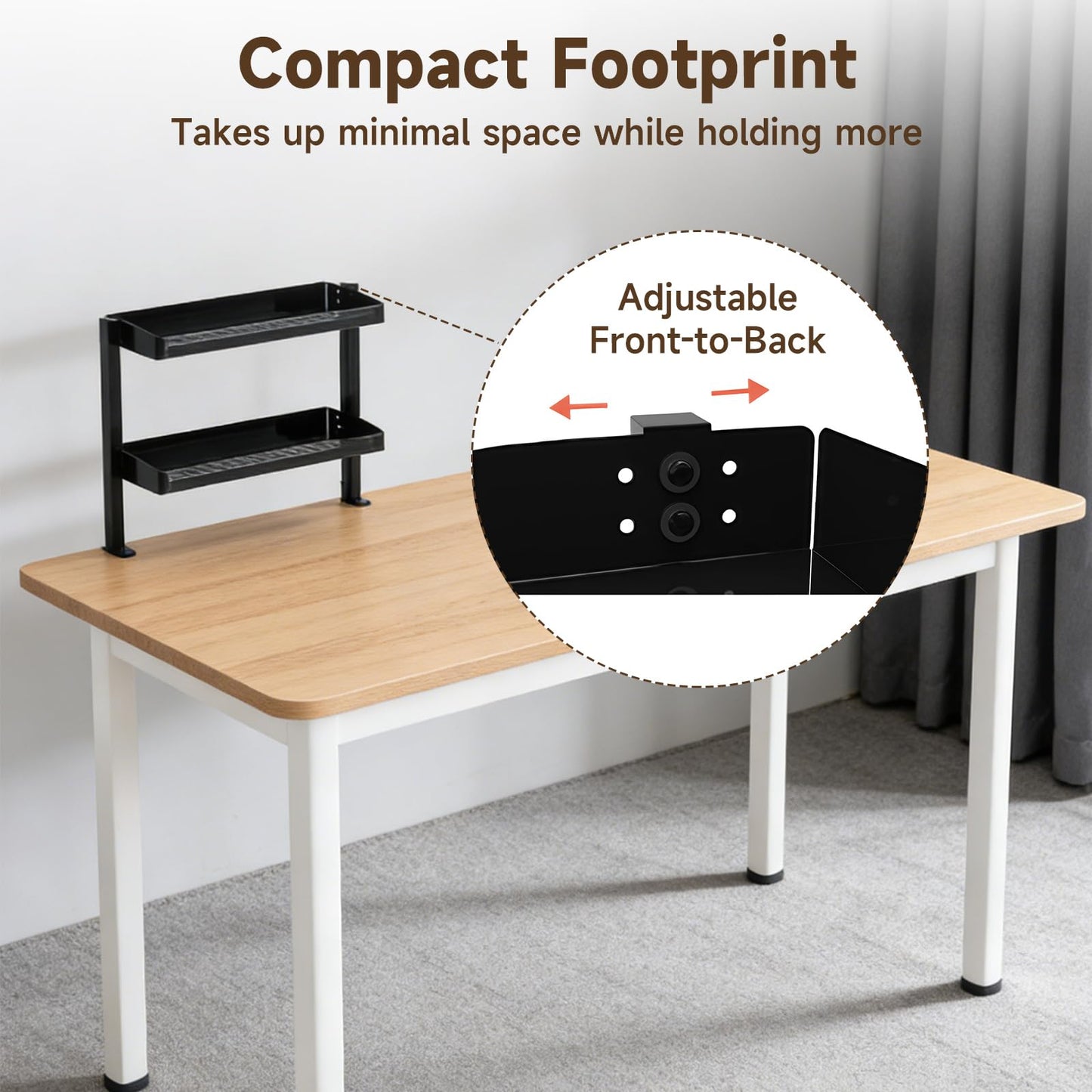 Risirica Clamp on Desk Shelf,17'' 2 Tier Office Desk Shelves Organizer with Under-Desk Hidden Storage Basket,Wood Desktop Supplies Storage Rack for Home Workspace, Study Rooms,Gaming Devices (Black)