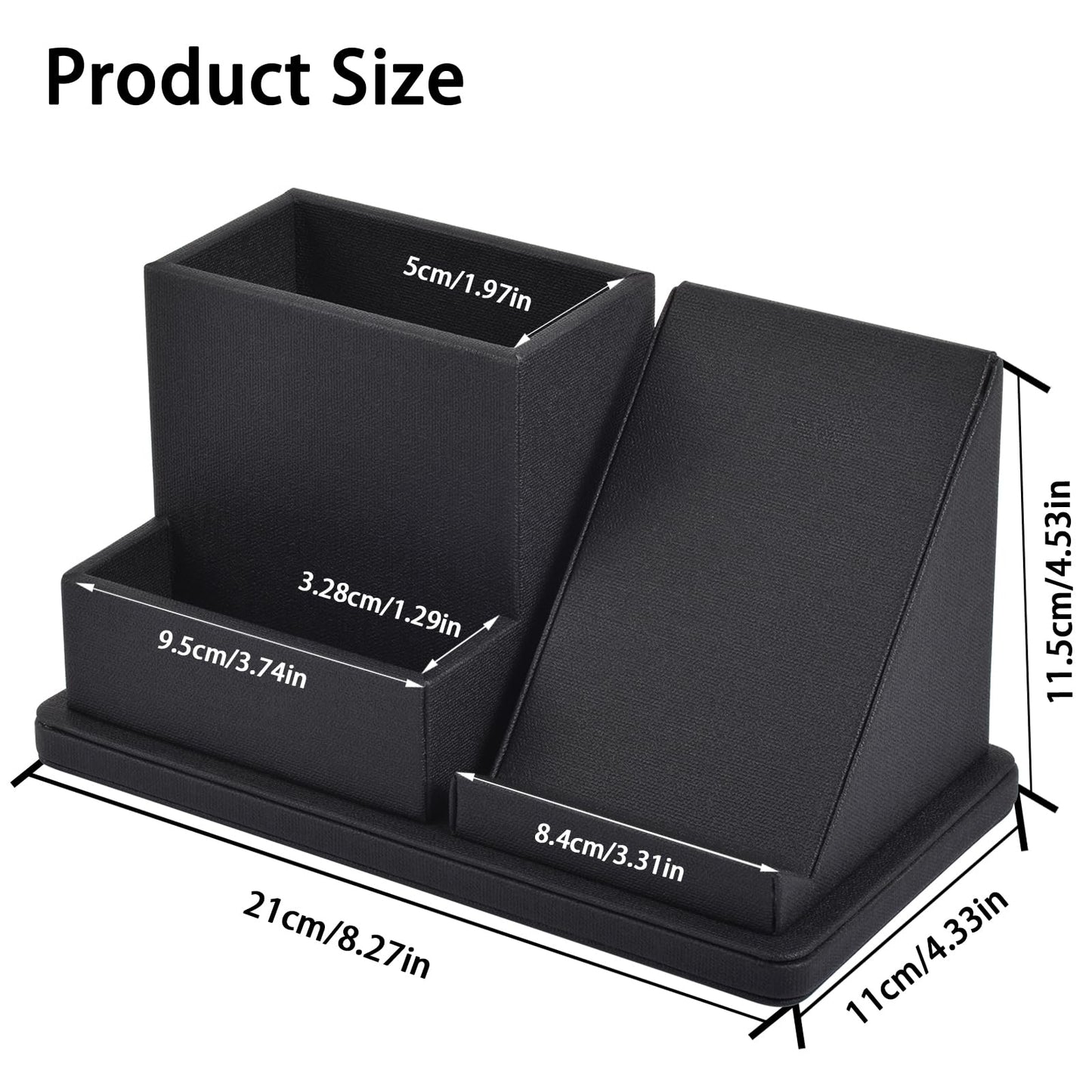 XNONE Pu Leather Desk Pen/Pencil Organizer Multi-Function Cell Phone/Remote Control Storage Box with 3 Compartments Office Supplies Sticky Note Tray Business Cards Holder,Black