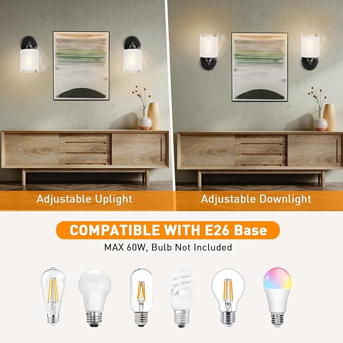 Wall Sconces Set of Two Bathroom Light Fixtures with Frosted Glass Shade, Modern Matte Black Wall Lights Vanity Lights, Sconces Wall Decor Set of 2 for Bathroom Bedroom Mirror (E26 Base)