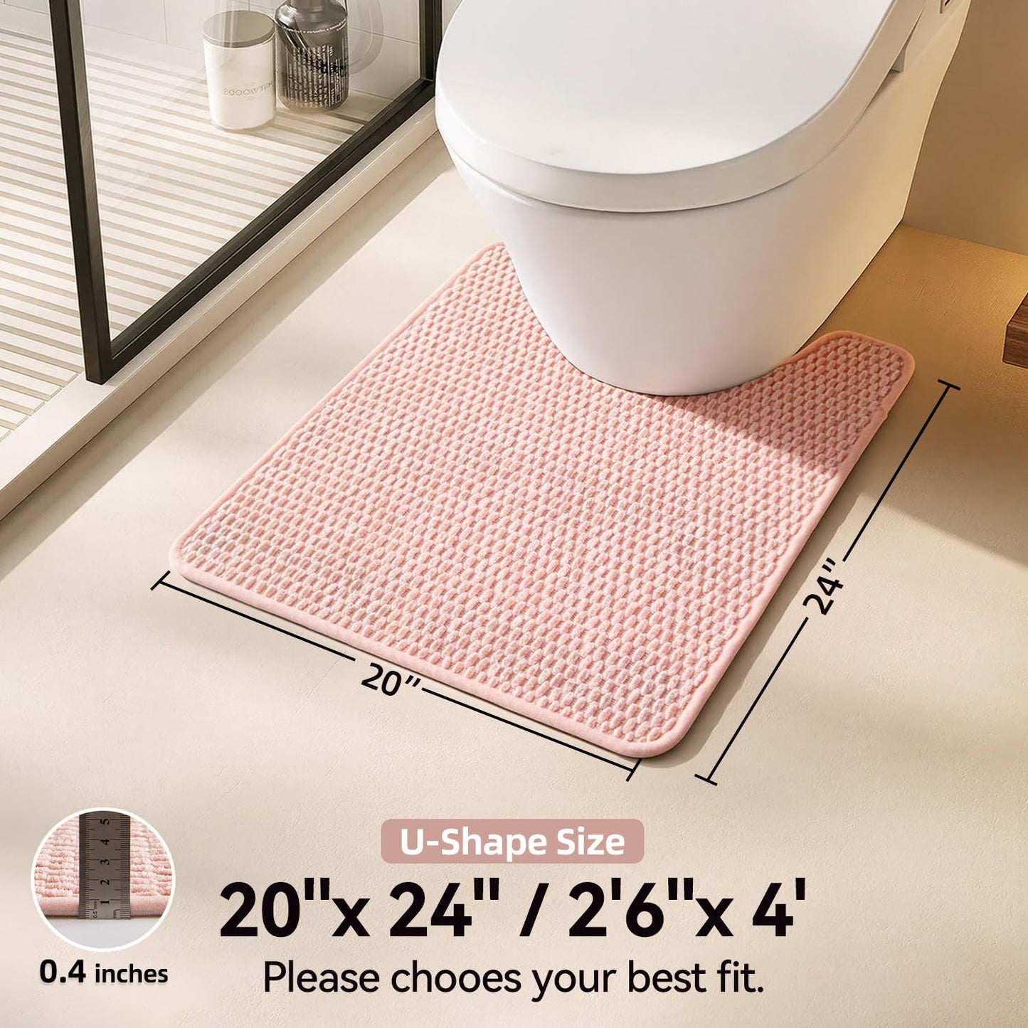 Triohero Toilet Rug, Thin Toilet Rugs U Shaped Washable Non Slip Absorbent Quick Dry Low Pile Toilet Mat, Pink 20"x24" U Shape