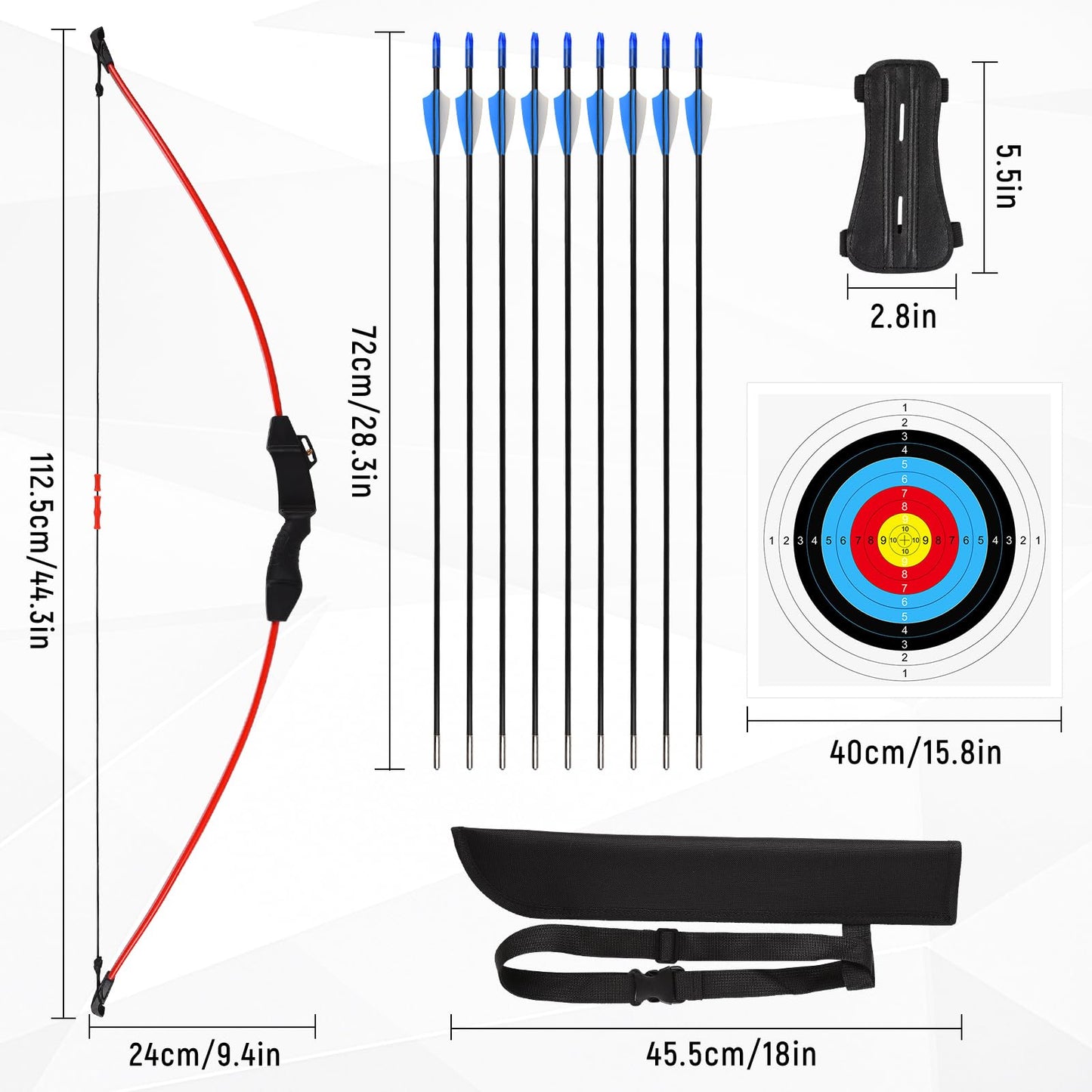 Toy Kids Bow and Arrow Set, 45" Youth Bow and Arrows Archery Set Adult, Teens 8-12 14-16 Year Olds Archery Long Bows with 1 Bow 9 Arrows 5 Target Face 1 Arm Guard 1 Quiver 1 Sight Pin 4 Target Pins