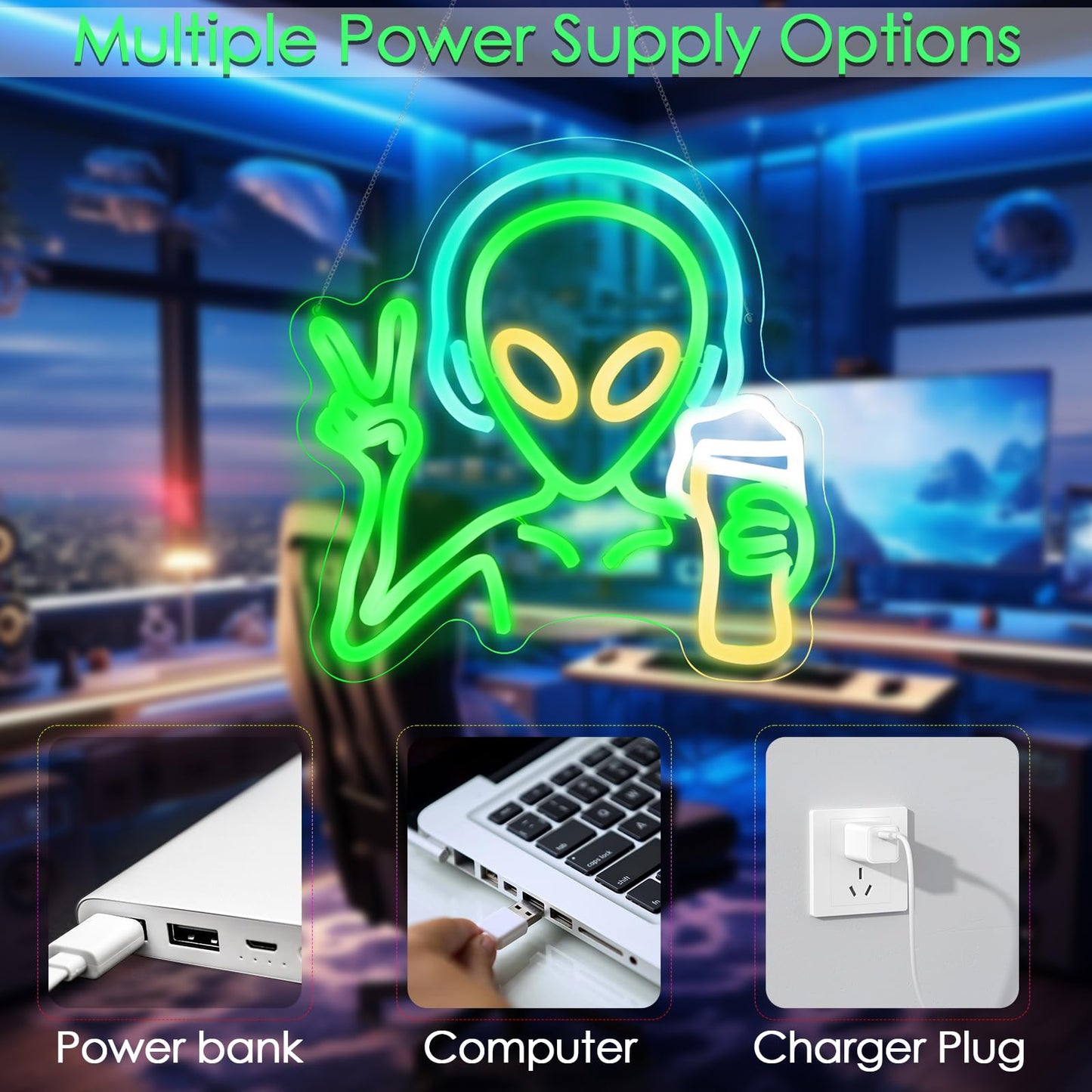 KHK Green Alien Neon Sign - USB Battery Powered LED Wall Sign for Game Room, Home Bar, Party, Bedroom & Man Cave Decor for Teens and Kids Lights Led Gaming for Boy & Girl Room Decor -Best Gamer Gifts for Boys Kids (11.8*11.8in)